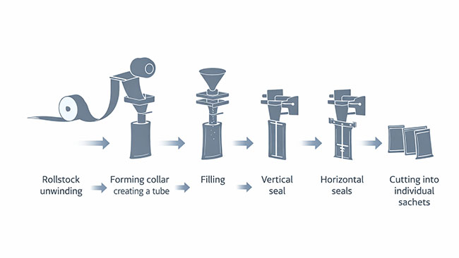 vertical form fill seal process sachet packaging machine step by step diagram