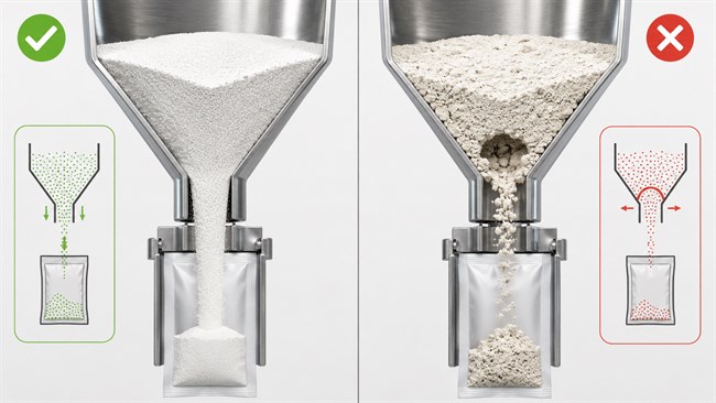 Powder flowability affecting sachet filling accuracy