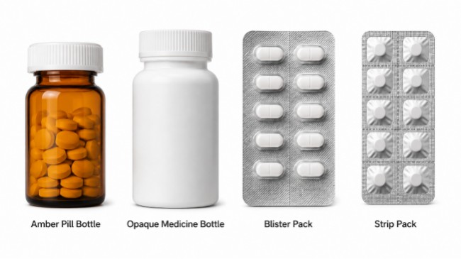 Comparison of amber bottles, opaque bottles, blister packs, and strip packs for medicine packaging