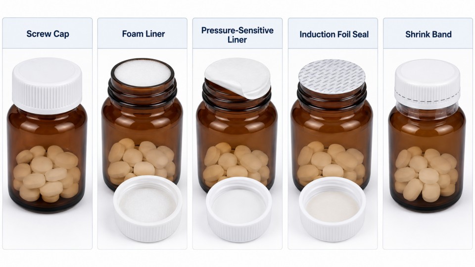 Comparison of five common medicine bottle seals including screw cap, foam liner, pressure-sensitive liner, induction foil seal, and shrink band