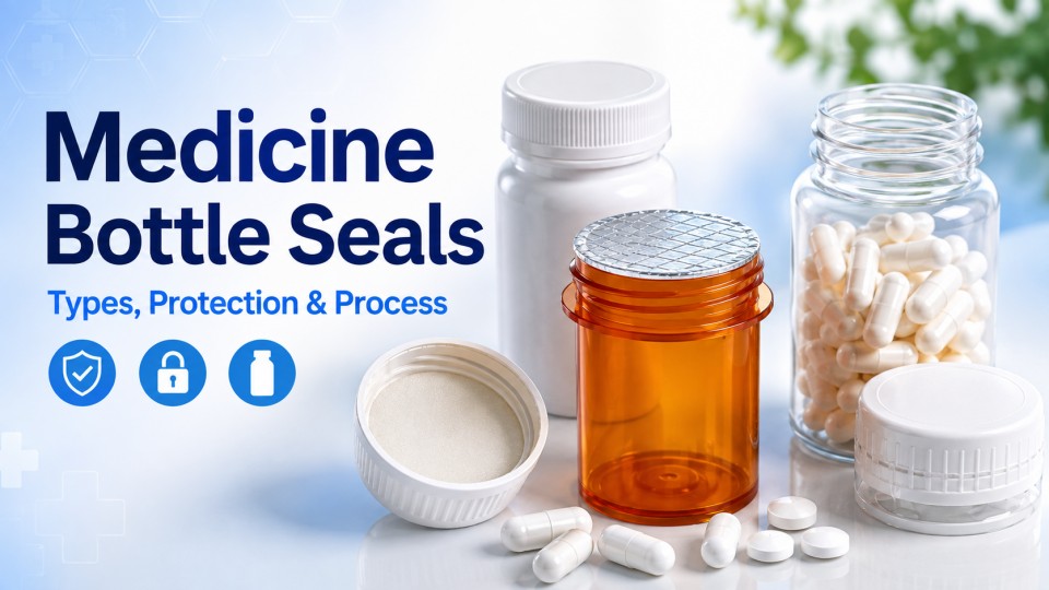 Medicine bottle seals guide showing pill bottles, foil seal, foam liner, and child-resistant cap