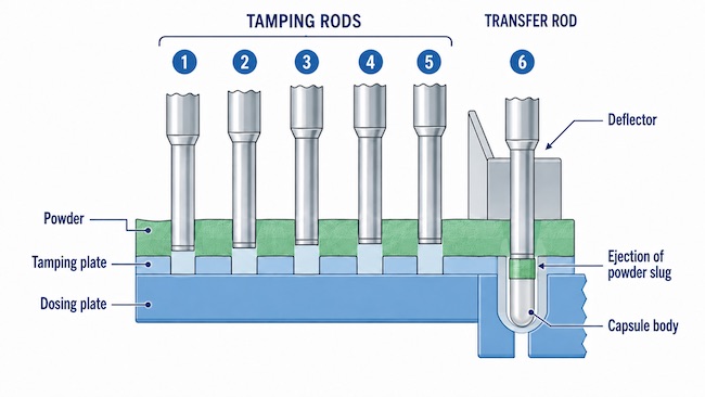 Tamping pin and dosing disc process in capsule powder filling