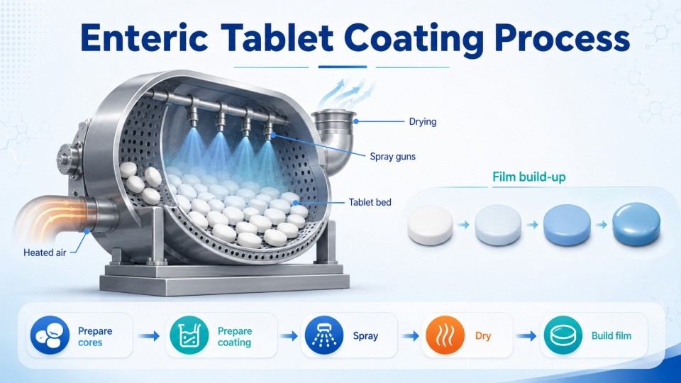 Enteric tablet coating process with spray guns heated air drying and film build-up