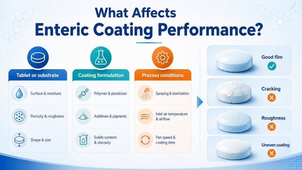 Factors affecting enteric coating performance including formulation spraying drying and film quality