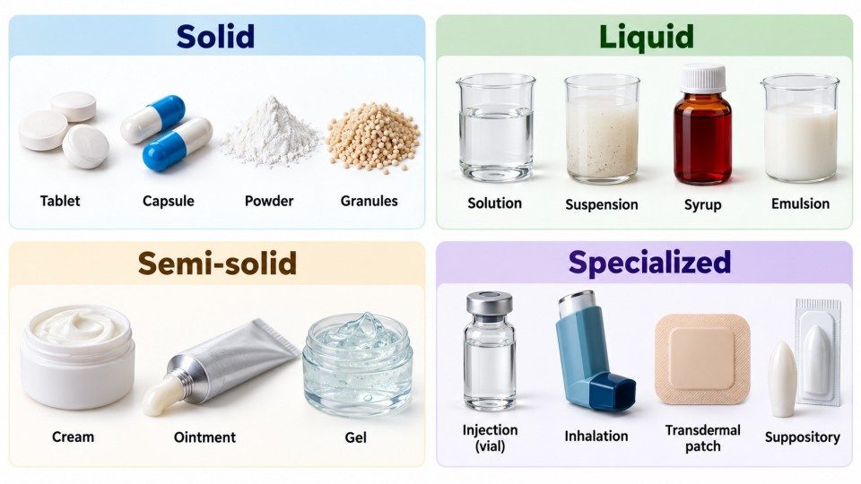 Classification of pharmaceutical dosage forms including solid, liquid, semi-solid and specialized dosage forms