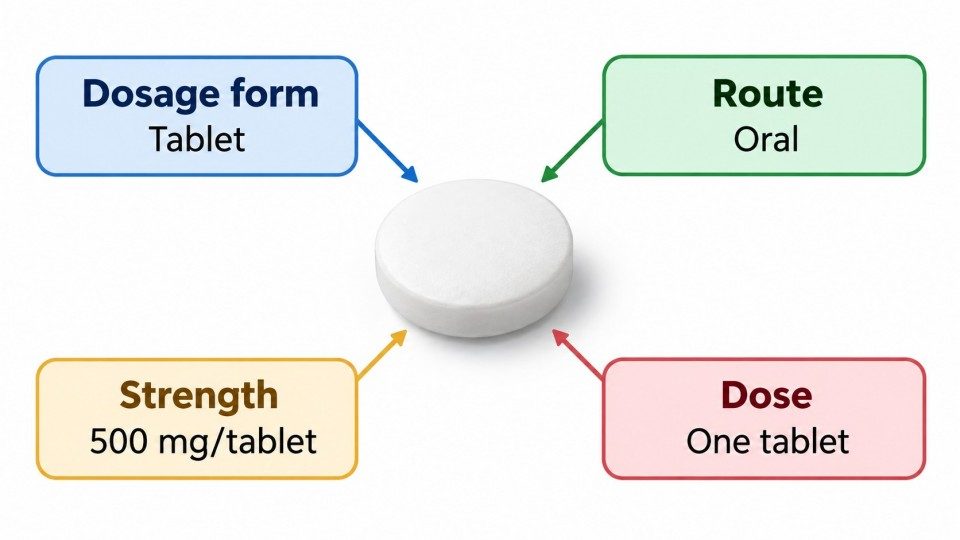 Difference between dosage form, route of administration, strength and dose using a tablet example