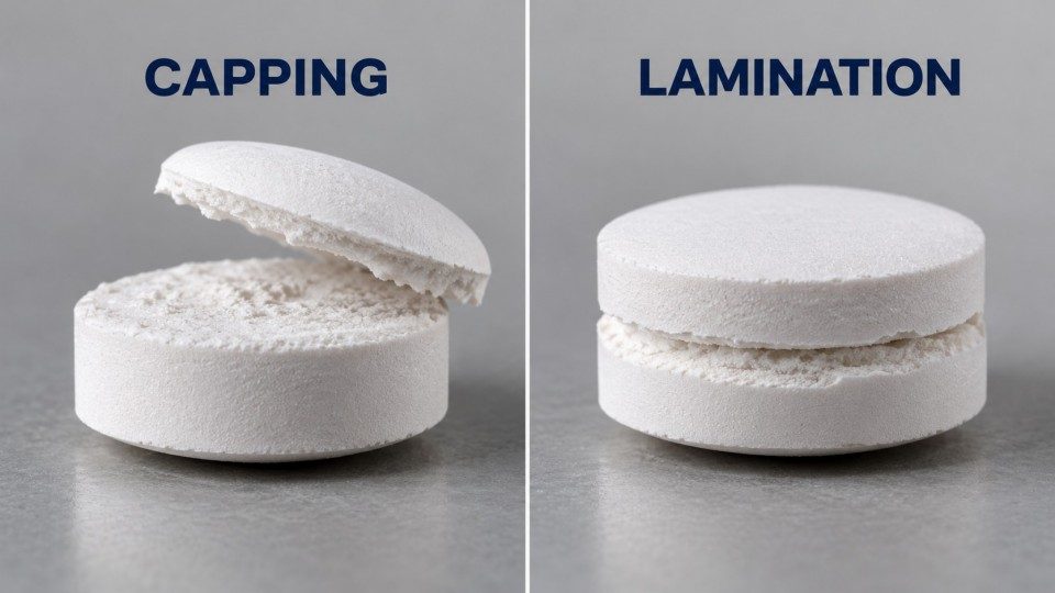 Tablet capping and lamination defects showing separated tablet crowns and internal layers