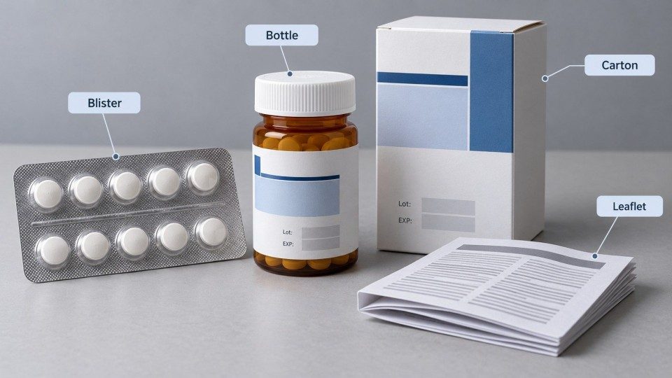 Pharmaceutical labeling information on blister packs medicine bottles outer cartons and package leaflets